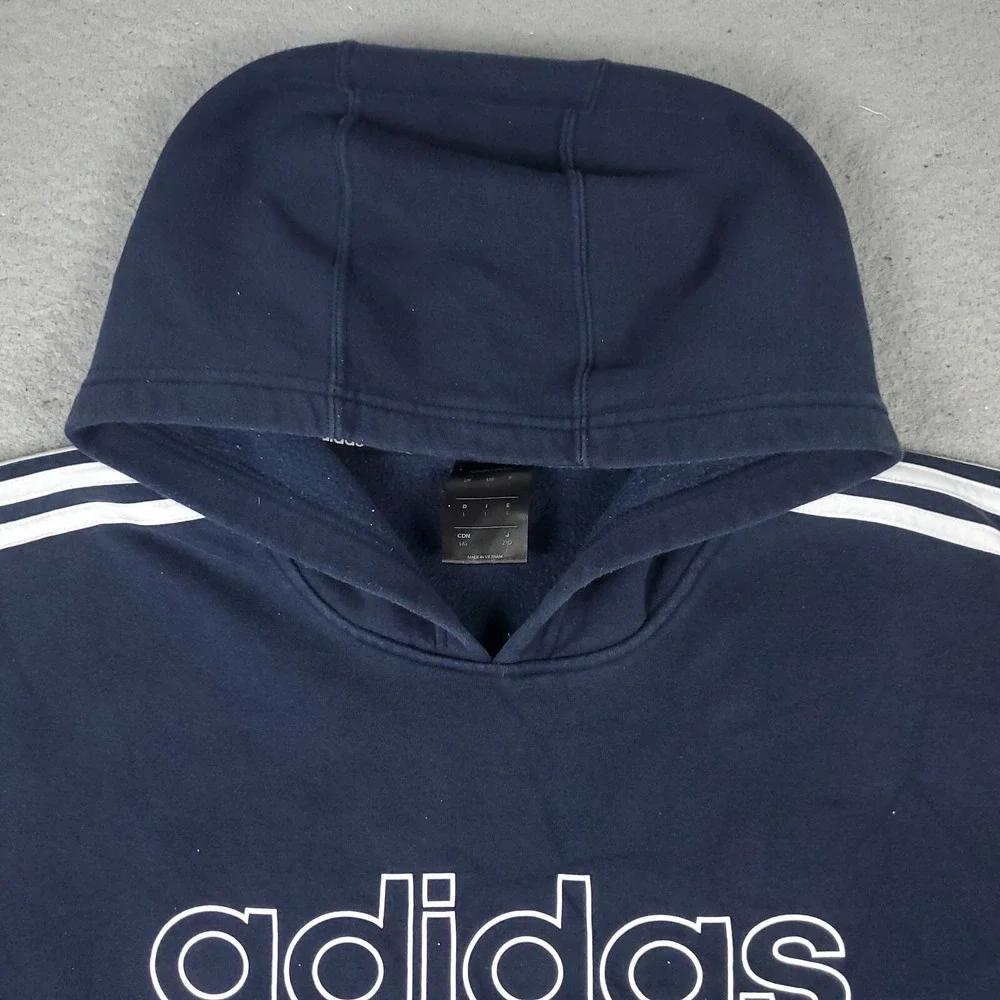Adidas Mens Hoodie Large Blue Pullover Sweatshirt 3 Stripe Logo Activewear